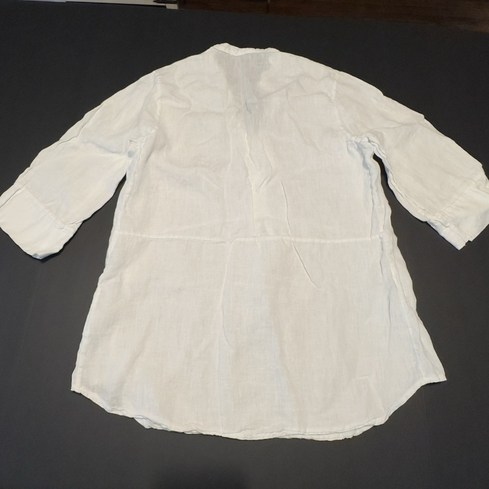 Laura Bianchi Luxury Linen Popover Tunic Med White Cover Up Shirt Italy Pom Pom - Picture 9 of 10